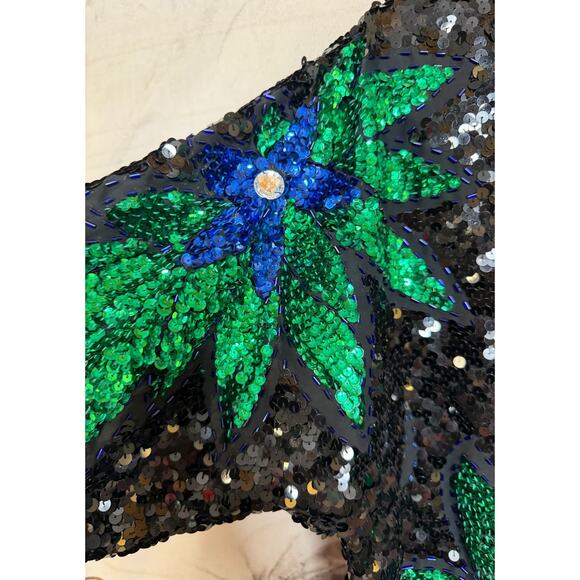 Vintage Sequin Top Sz 44 Black Green Blue Holiday Festive Party Chic - Picture 3 of 6